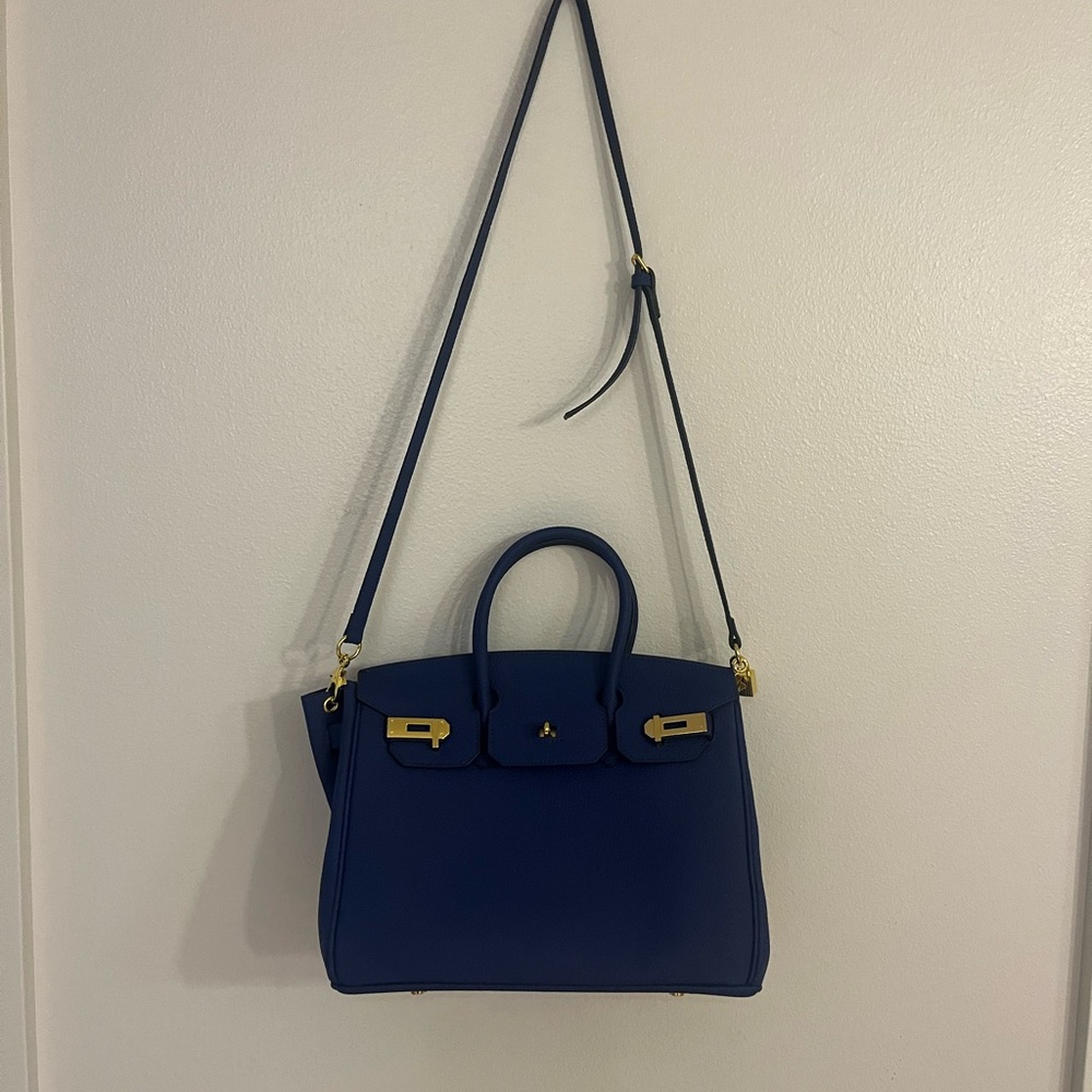 Chic Royal Blue Structured Satchel with Gold Hardware - Picture 3 of 10
